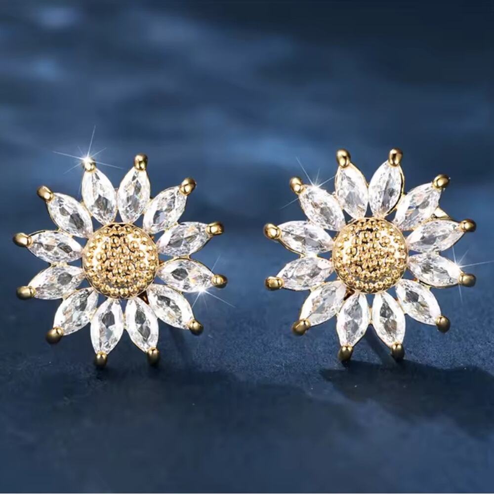 Sunflower Crystal Stud Earrings Gold Tone Dainty Floral Sparkle